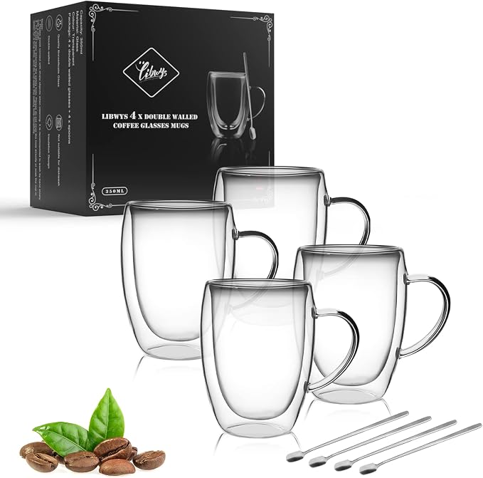 LIBWYS 4 Pack Double Walled Coffee Cups Glasses Mugs 12oz, Espresso Cappuccino by LIBWYS