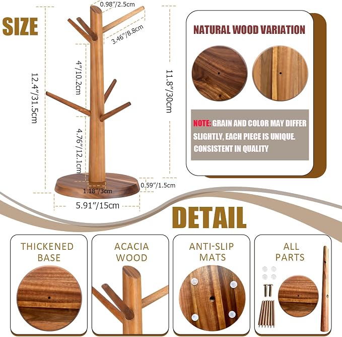 Mug Holder Tree, Acacia Wood Mug Rack - Image 2