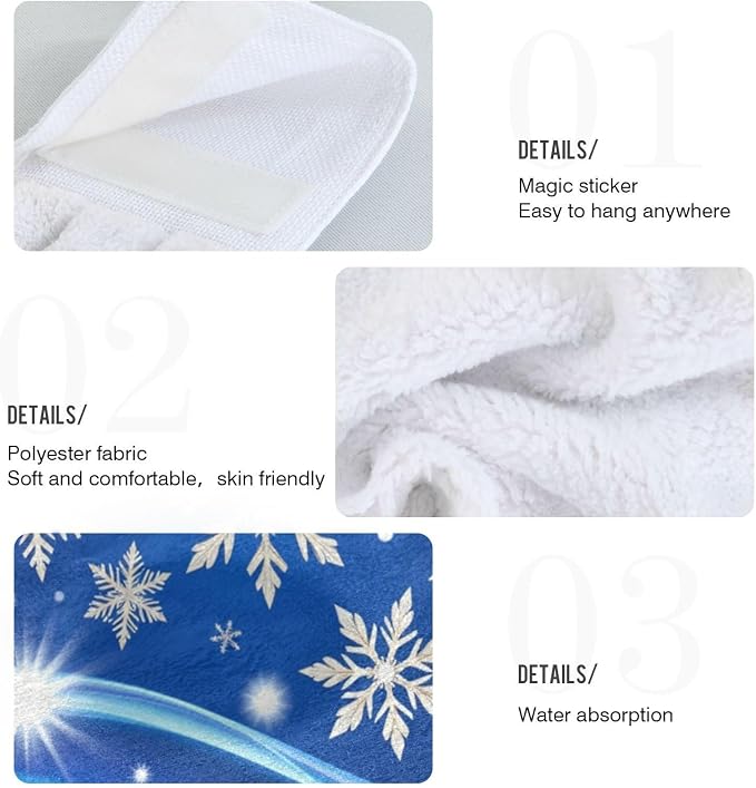 Winter Blue Snowflakes Kitchen Hanging Towel White Snow Hand Fingertip Bath Tie - Image 5