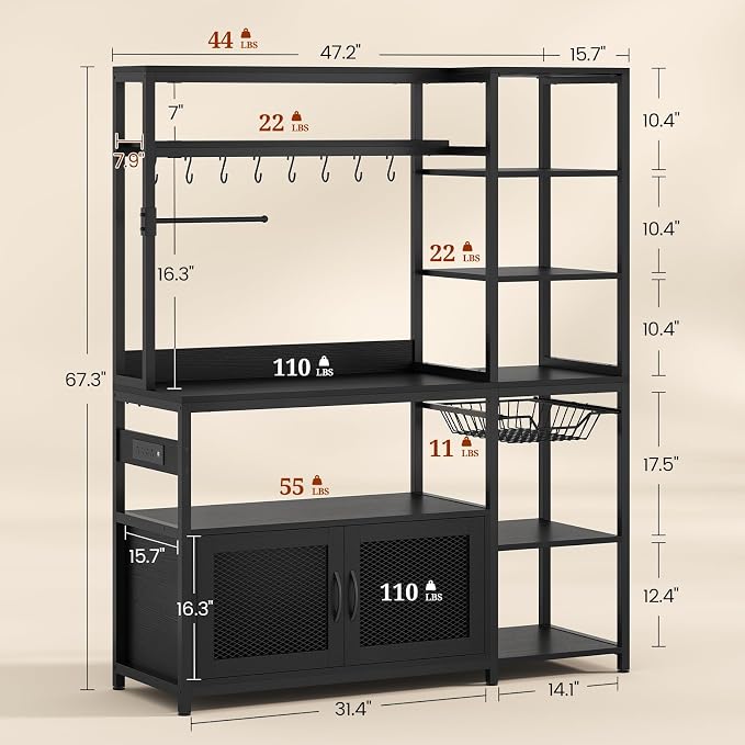 47.2 in Bakers Rack with Power Outlet & LED Light, Coffee Bar with Coffee Pod - Image 2