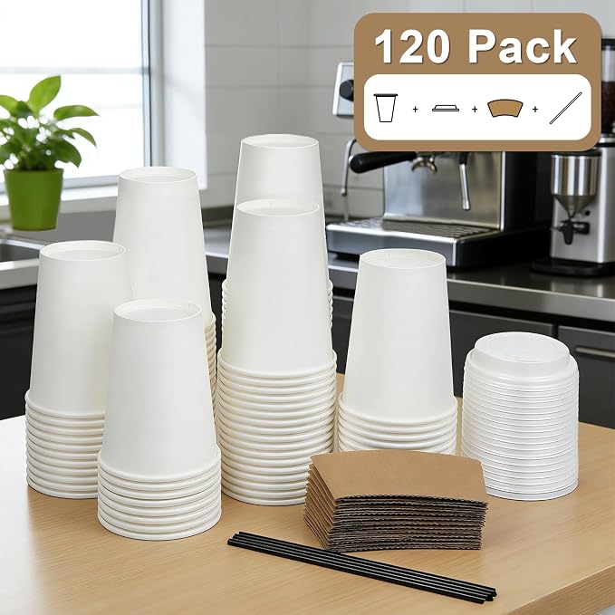 RAZCC 120 Pack 12 oz Paper Coffee Cups Set, Disposable White Coffee Cups - Image 6
