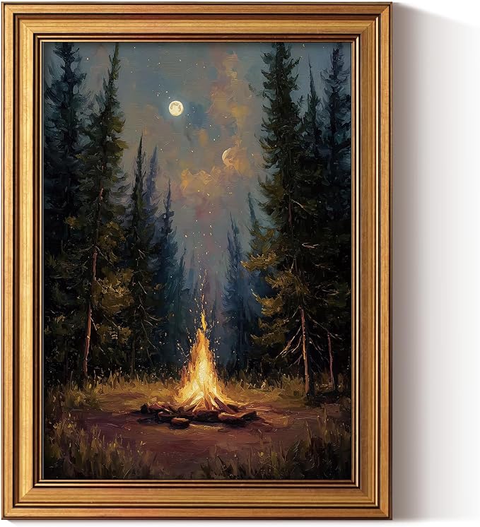 ARPEOTCY Gold Framed Canvas Wall Art, 12x16 Inch Forest Campfire Night Scene by ARPEOTCY