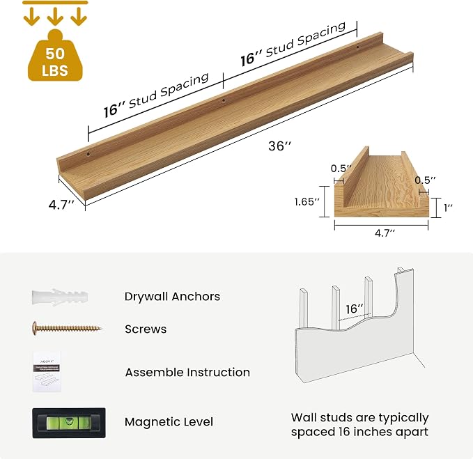 Acovy Solid Ash Wood Picture Ledge Shelf, 36 Inch Floating Shelves - Image 3