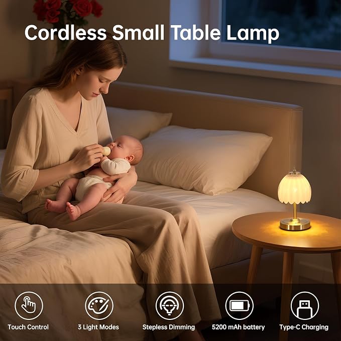 Shenmoyl Tulip Small Table Lamp, 5200mAh Cordless Touch Control Mini Table Lamp - Image 2