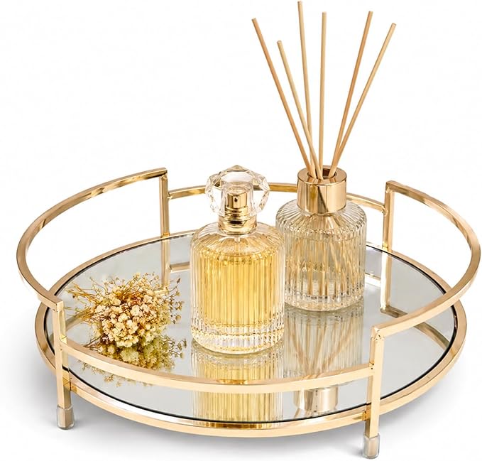 Round 12" Mirror Decor & Golden Tray, Metal Mirror Serving & Glass Vanity & by ManisZuo