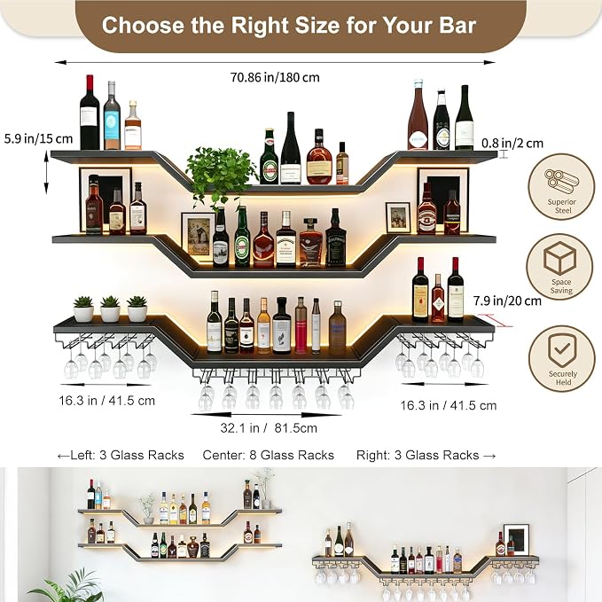 70.9-inch/180cm Metal Wall Mount Wine Rack, 3-tiers Modern Wall Bar Shelf - Image 2