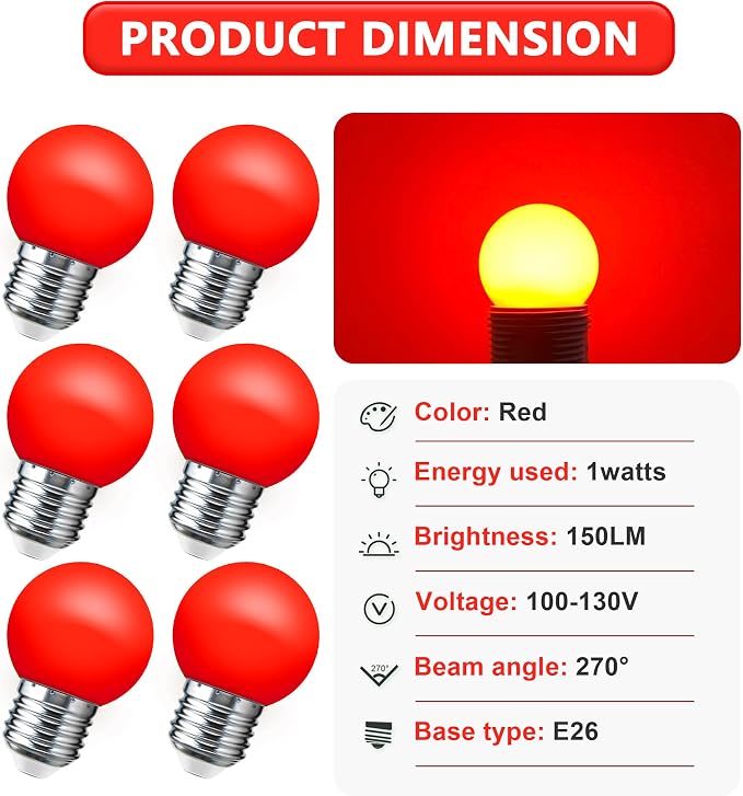 LED Red Light Bulb 15W Equivalent, 1W LED Colored Night Lights, G45 Christmas - Image 2