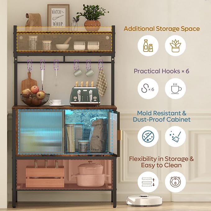 Bestier Coffee Bar with Storage, 5 Tier Microwave Stand with LED Lights - Image 4