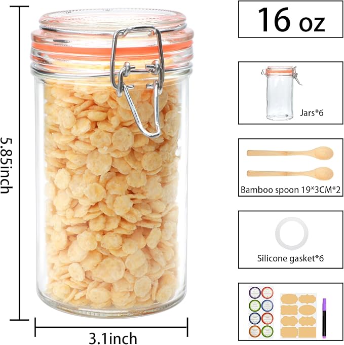 Flrolove 16 oz Glass Jars with Airtight Lid, Glass Storage Jars, Airtight Glass - Image 2