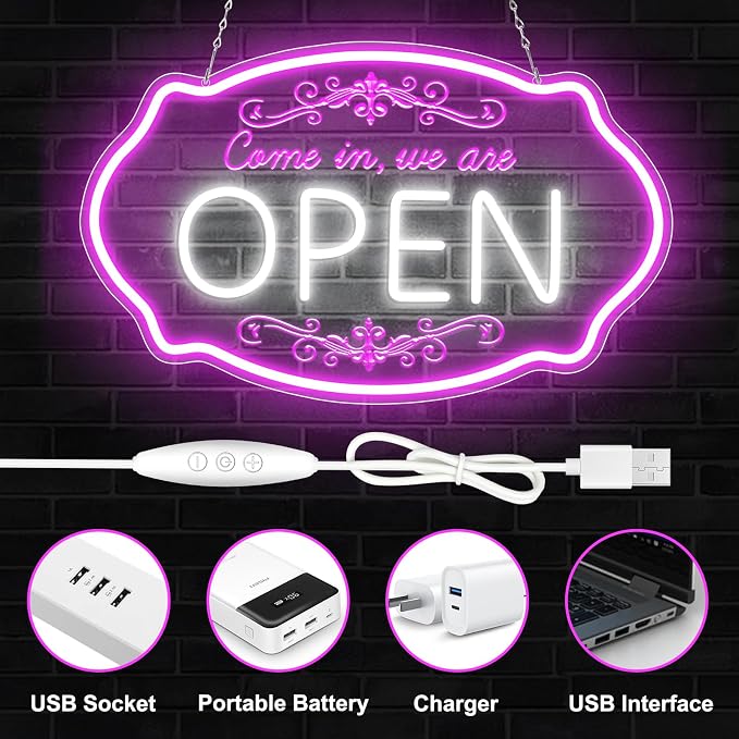 LED Neon Open Sign for Business, 16.5x10'' Come in We’re Open Sign, Wall Decor - Image 5