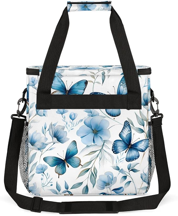 Butterfly Blue Floral Coffee Maker Carring Bag, Large Insulated Storage - Image 5
