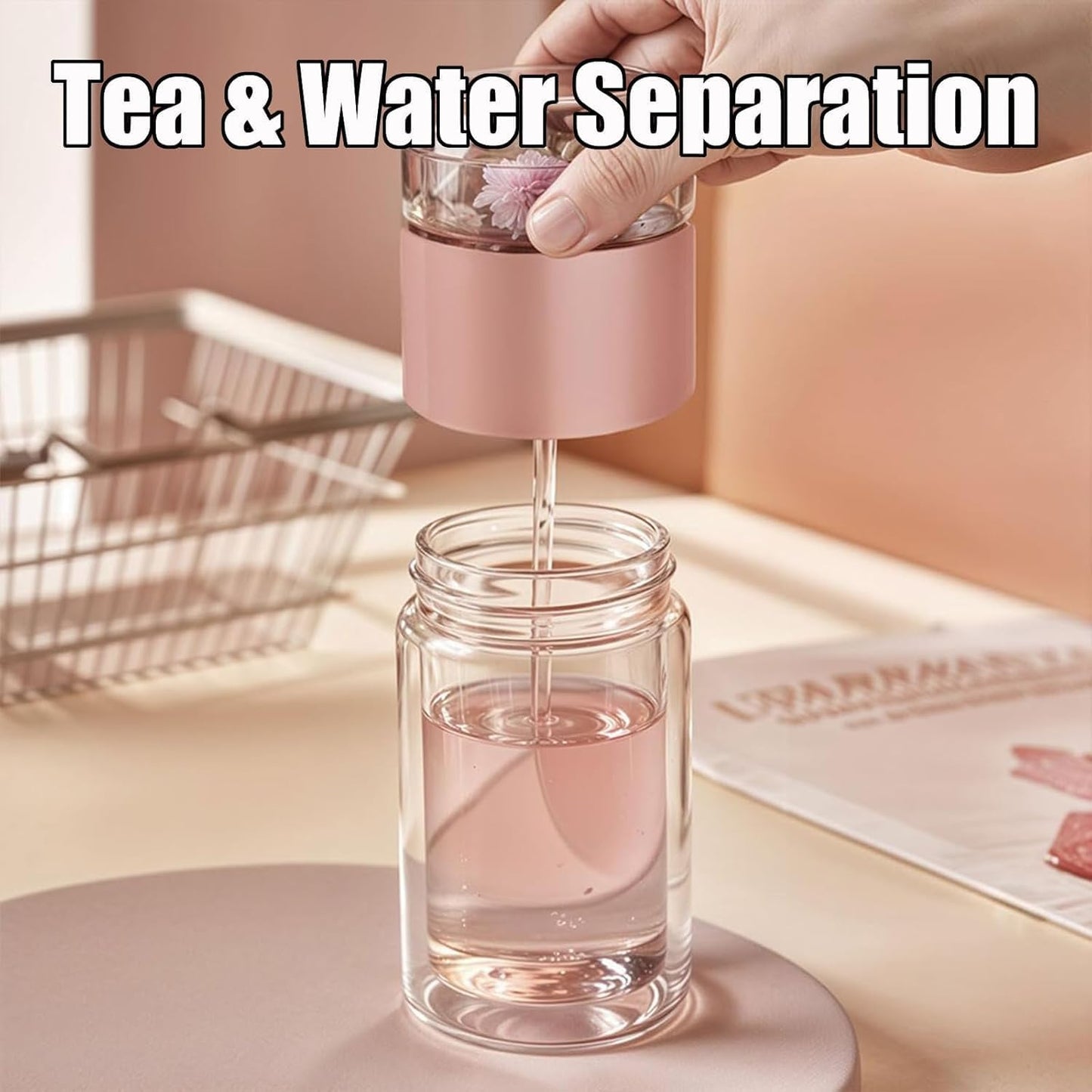 Tryteava Glass Infuser, Tryteava 3-in-1 Smart Tea Infuser, Portable Glass Double Wall Tea Infusers Bottle, with Stainless Steel Filter, Hot & Cold Brew, For Loose Leaf, Office Home (Silver, 350ml)