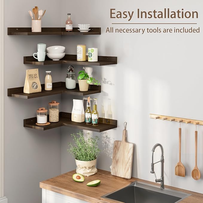 Floating Corner Shelves Set of 4, Rustic Pine Wooden Floating Corner Wall Shelf - Image 3