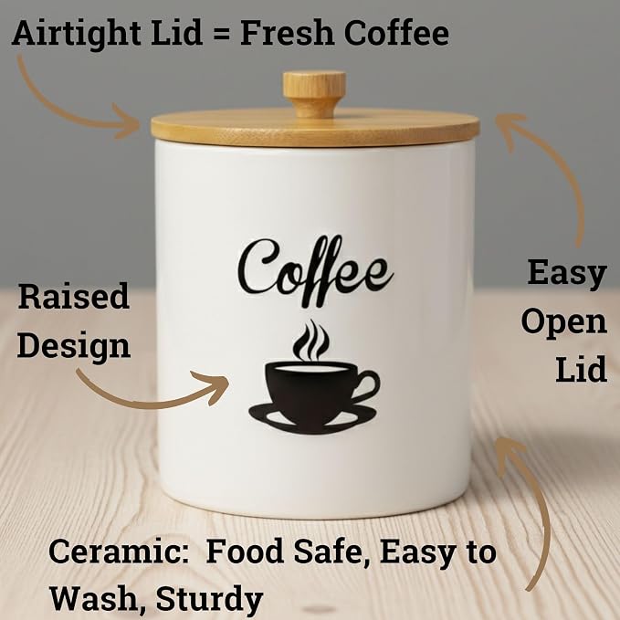 Ceramic Coffee Canister - 12 oz White Airtight Canister - 5 x 6 inch Coffee - Image 2