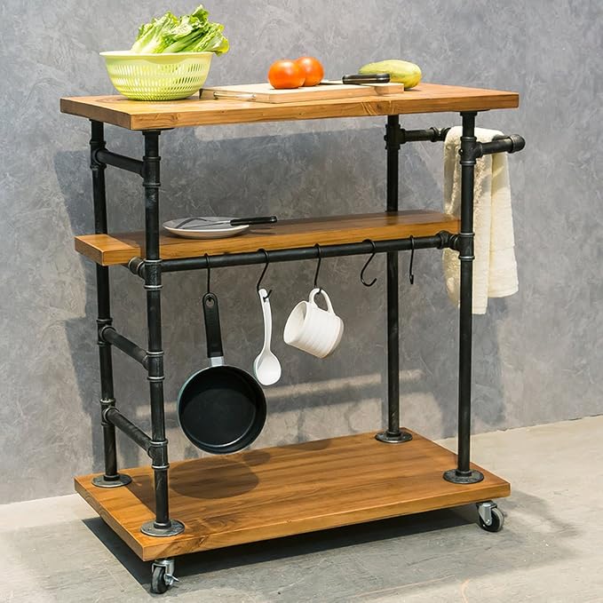 Industrial Portable Kitchen Island on Wheels, Bar Carts - Image 2