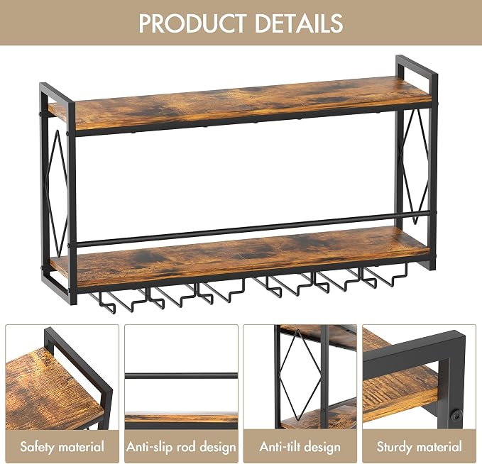 Wall Mounted Wine Rack with LED Light, 31.5" Bar Liquor Shelves with Glass - Image 5