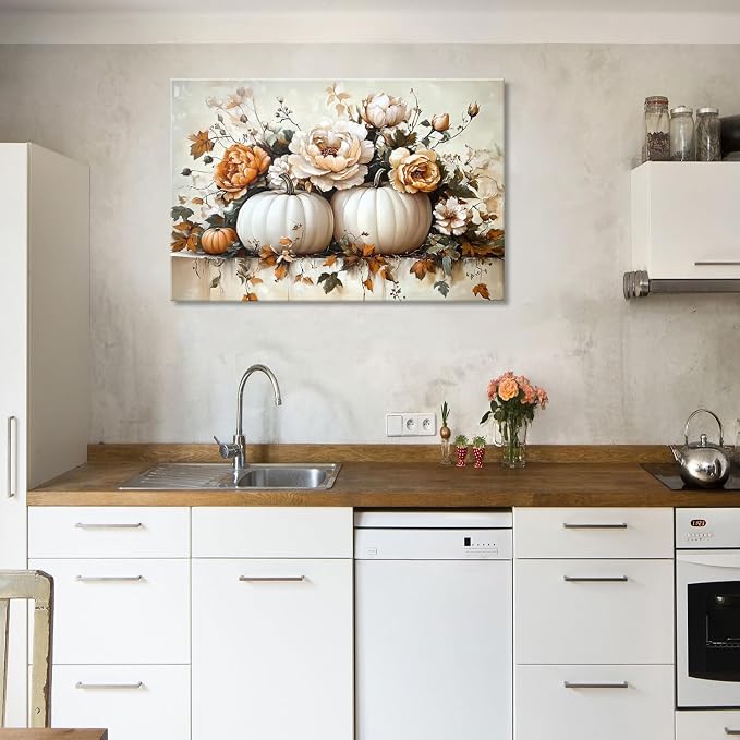 Extra Large Fall Flowers Canvas Wall Art, Abstract Watercolor Pumpkin Floral - Image 2