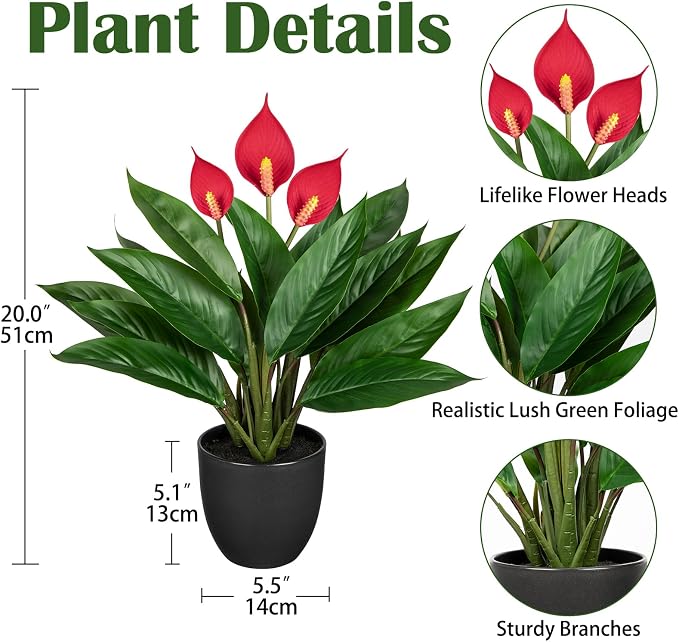GnFlus 20'' Realistic Red Anthurium Artificial Potted Plant, Fake Flowers - Image 2