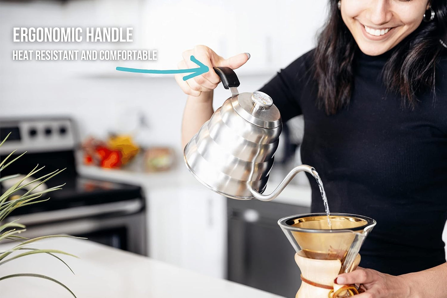 Barista Warrior Pour Over Coffee Kettle with Thermometer – Gooseneck Kettle for Coffee and Tea, Stainless Steel for All Stovetops (Matte Black, 1.0 Liter, 34 fl oz)