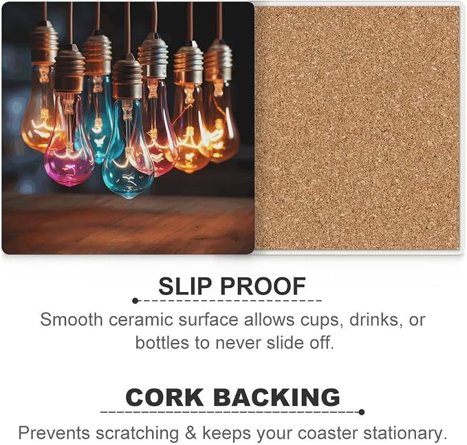 A String of Colored Light Bulbs Ceramic Coasters, Square Drink Coaster Set of 4 - Image 3