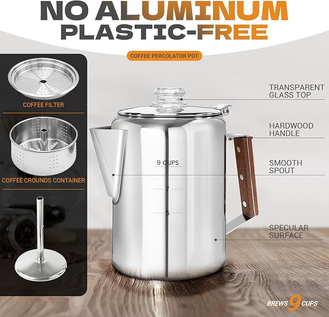 Percolator Pot Stainless Steel Camping Coffee Pot-NO Aluminum or Plastic - Image 3