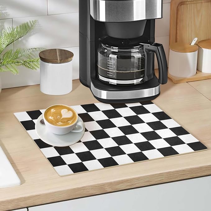 Checkered Black and White Coffee Mat Coffee Bar Maker Station Pot Spill Machine - Image 4
