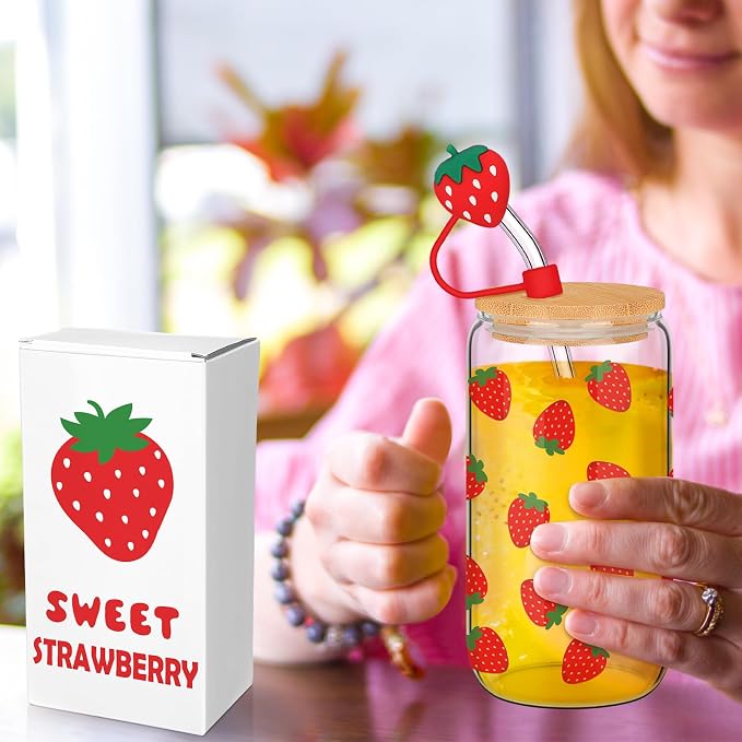 Reallnaive Strawberries Gifts for Women 16 oz Aesthetic Iced Coffee Cup Glass - Image 5