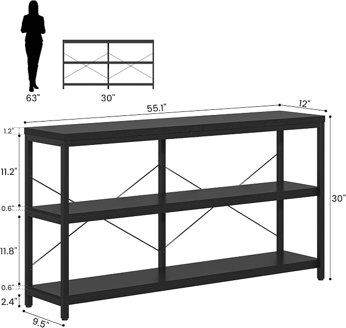 3-Tier Industrial Bookshelf, Wide Wood Horizontal Bookcase, Open Large Book - Image 2