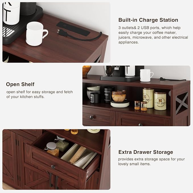 51" Dark Brown Buffet Sideboard Cabinet, Farmhouse Storage Cabinet Kitchen - Image 7