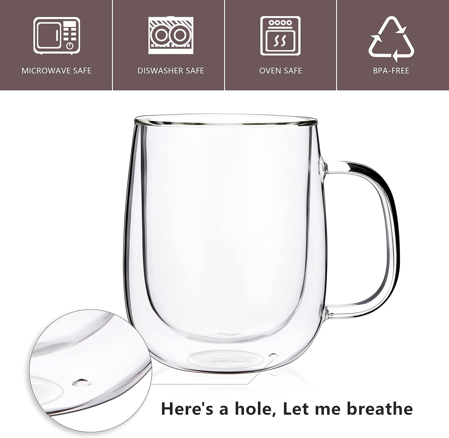 CNGLASS Large Double Wall Glass Coffee Mug 15.2oz,Clear Insulated Glass Espresso Cup with Big Handle,set of 1