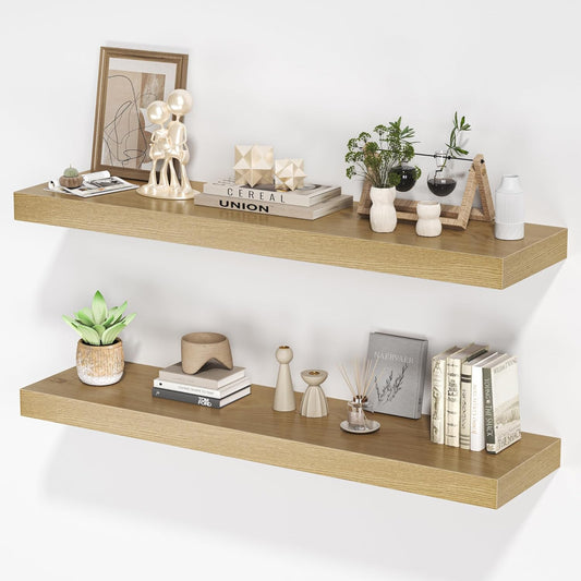 Floating Shelves for Wall, 36" W x 8" D x 1.5" H, Wooden Wall Mounted Display Shelves with Invisible Brackets for Living Room, Bedroom, Bathroom, Kitchen Decor and Storage, Set of 2, Oak