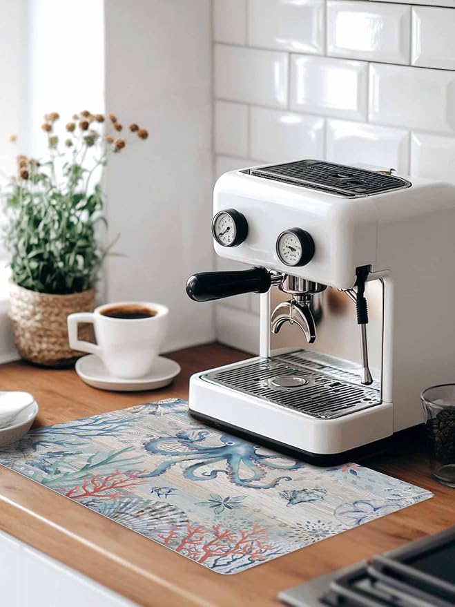Coastal Octopus Coffee Mat For Countertop Coffee Bar Accessories, Absorbent - Image 9