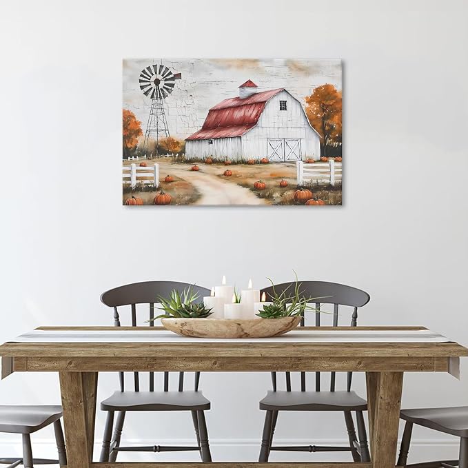 Country Autumn Landscape Canvas Wall Art Farmhouse Barn Windmill Pictures Wall - Image 5