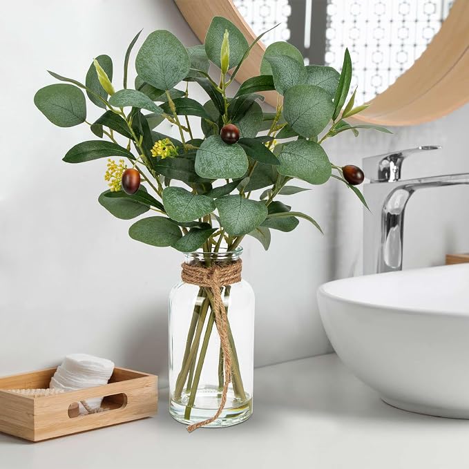Briful Artificial Eucalyptus Stems in Glass Vase - Image 3