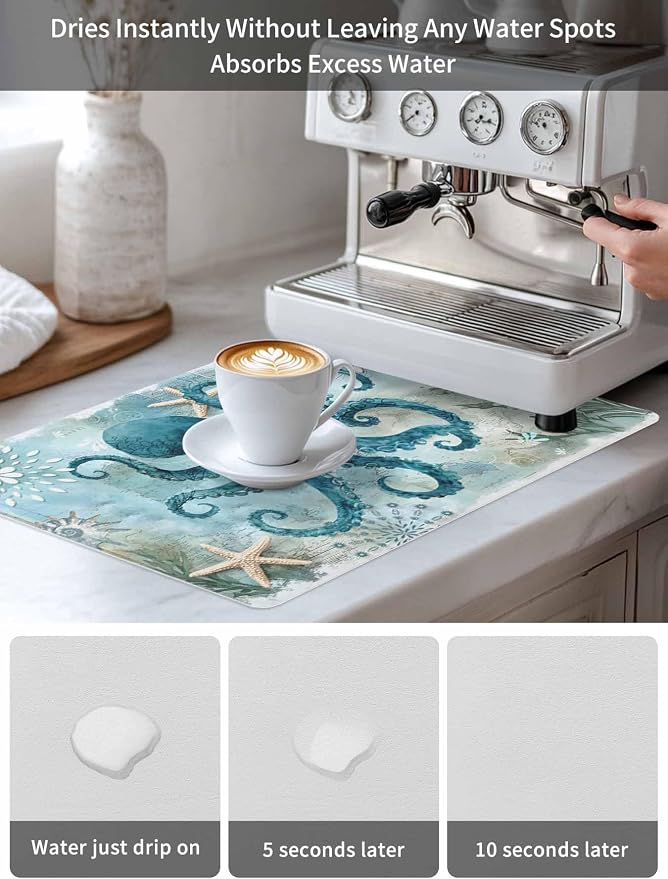 Turquoise Octopus Coffee Mat Ocean Marine Life Nautical Sea Theme Absorbent Bar - Image 6