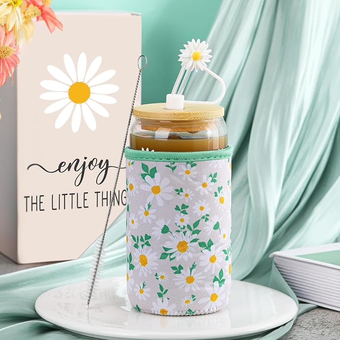 Reallnaive Daisy Gifts for Women 16 oz Flower Aesthetic Iced Coffee Cup Glass - Image 4