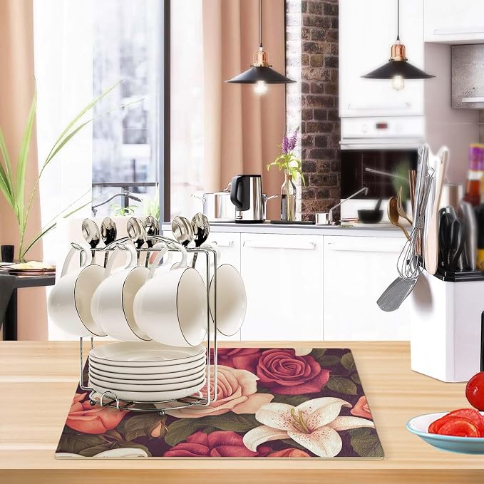 Roses and Lily Flowers Coffee Mat Coffee Bar Maker Station Pot Spill Machine - Image 5