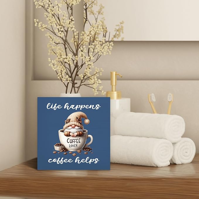 Rustic Coffee Gnomes Blue Wood Box Sign Desk Decor, Drink Lovers Gift Life - Image 4