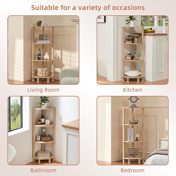 YUFAM 4-Tier Corner Shelf with Sturdy 5-Leg Base, Wooden Corner Bookshelf - Image 8
