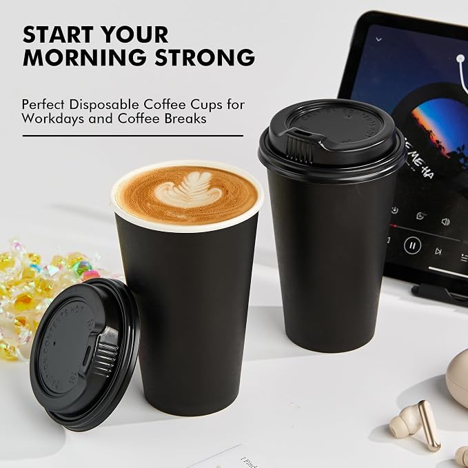 RACETOP 16 oz Paper Coffee Cups, 100 Pack Black Disposable Coffee Cups - Image 9