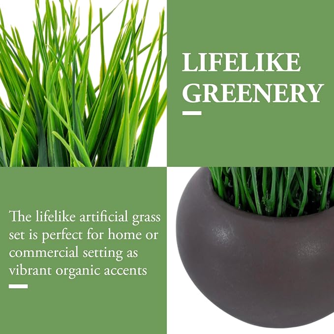 MyGift 7 Inch Tall Modern Mini Artificial Grass Plants in Small Round Brown - Image 4