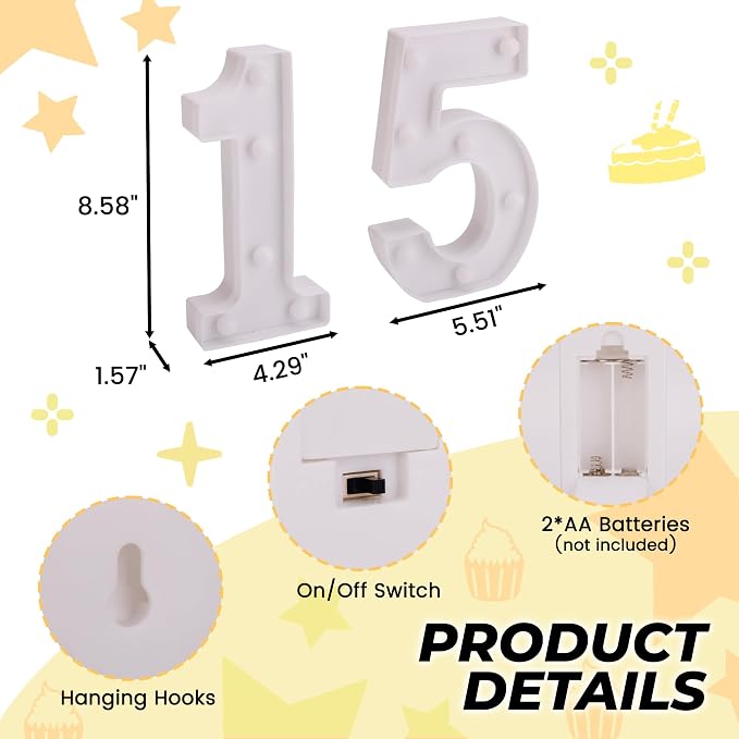 15th Birthday Decoration Light Up Letters, Battery Powered LED Numbers Marquee - Image 2