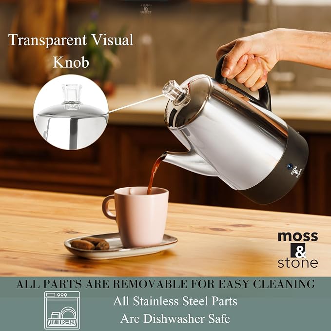 Moss & Stone Percolator Coffee Pot Electric 10 Cup, Stainless Steel Coffee - Image 7