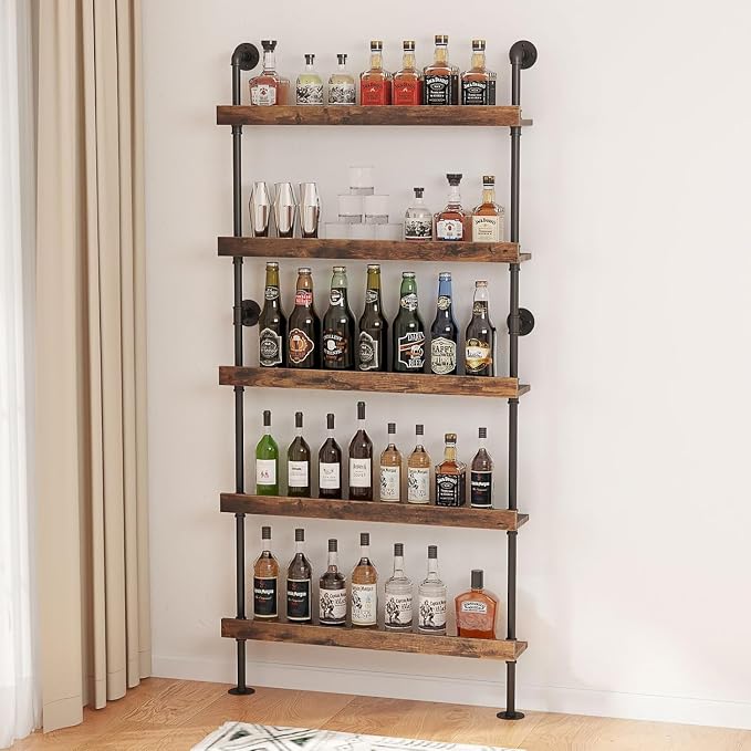 5-Tier Wall Mounted Wine Rack, Floating Bar Shelves, Liquor Bottle Shelf Display by Woskar