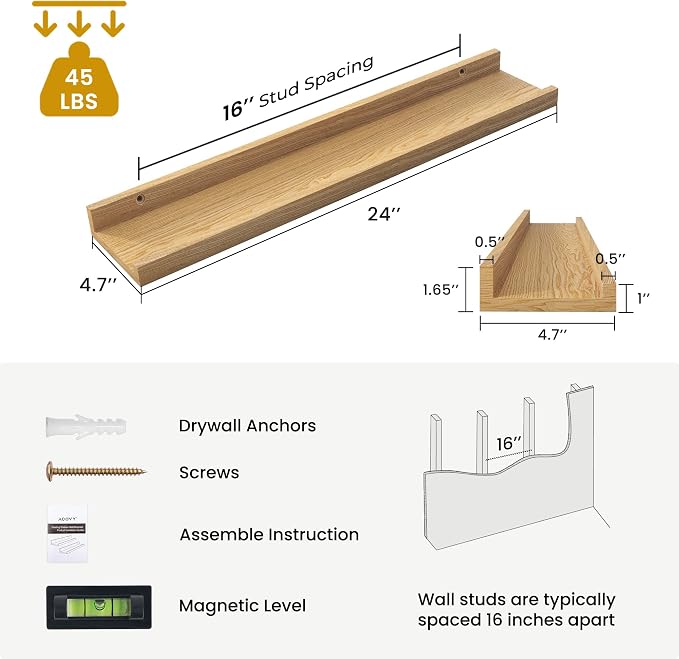 Acovy Solid Ash Wood Picture Ledge Shelf, 24 Inch Wood Floating Shelves - Image 3