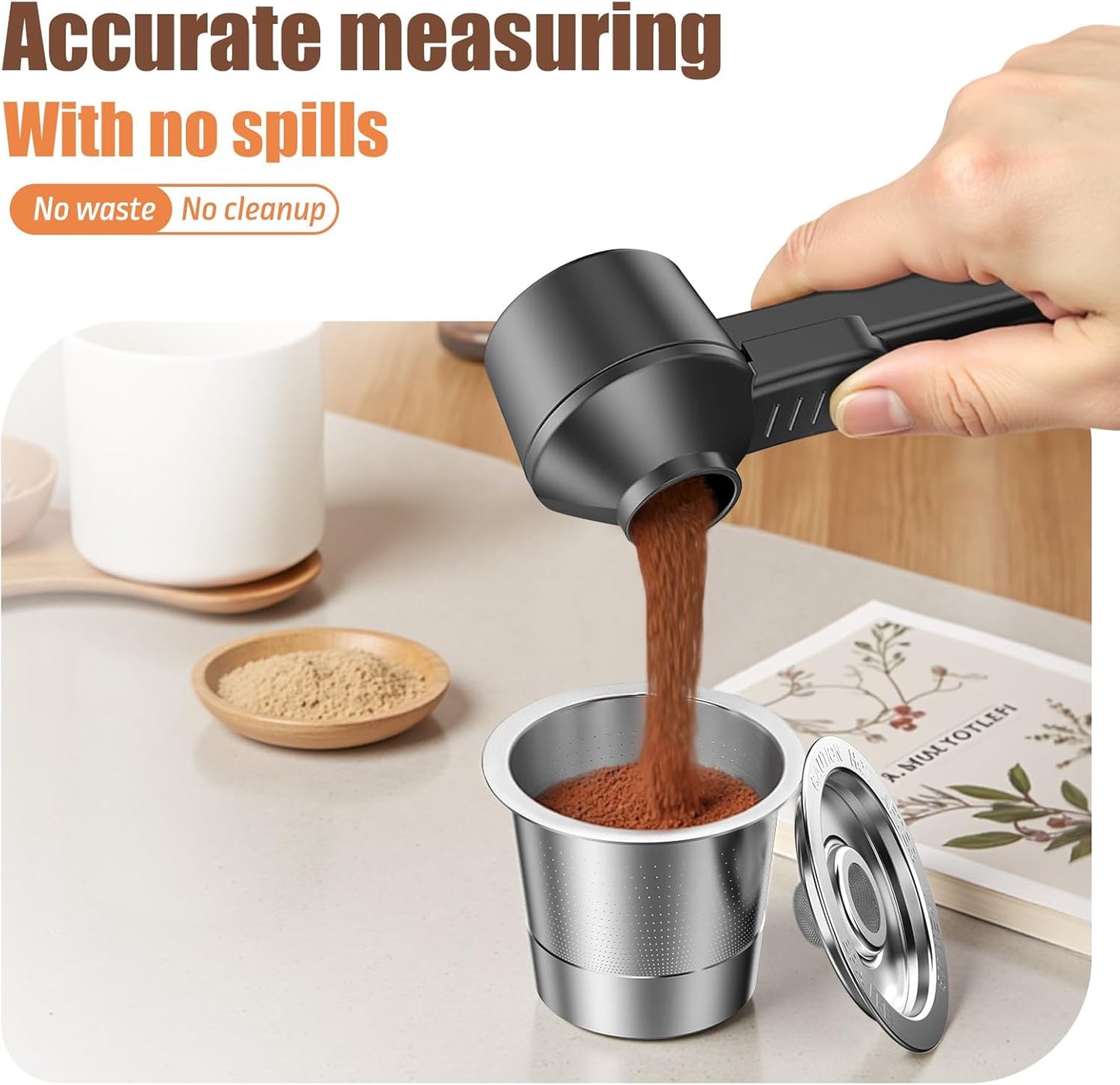 CAPMESSO Coffee Scoop & Funnel for Reusable K Cup Refillable Coffee Pods: 2 Tablespoon Coffee Measuring Scoop - Easy Slide Scoop for Ground Coffee, Protein Powder, Tea without Spilling (2 Pack)