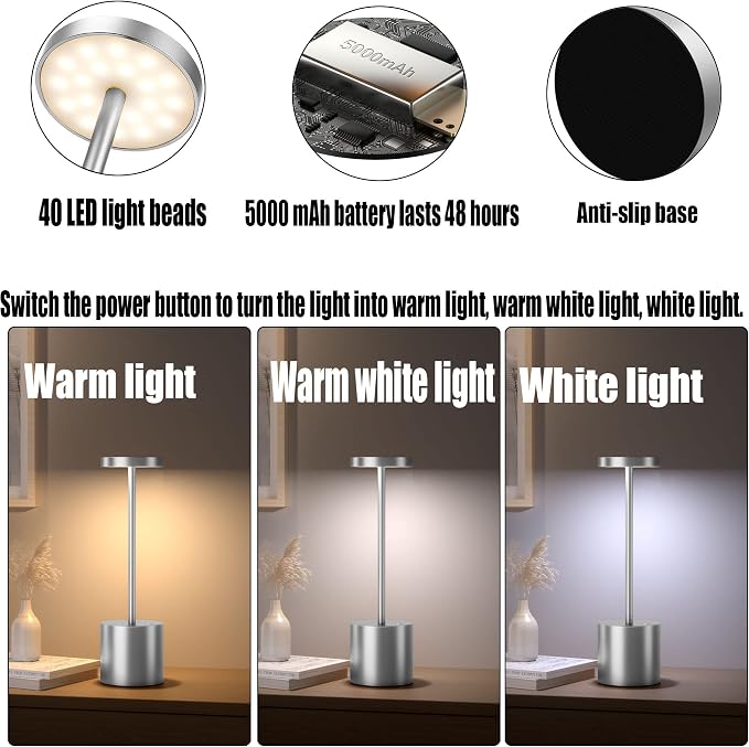 2Pack Cordless Table Lamp, Rechargeable LED Battery 5000mAh Metal USB Portable - Image 3