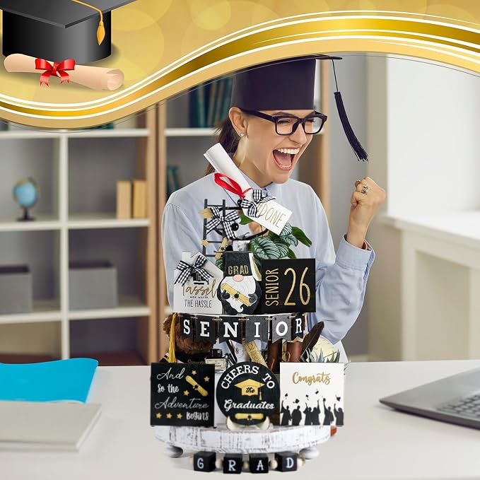 Mifoci 19 Pcs Graduation Tiered Tray Decor Set 2026 Graduation Farmhouse Wooden - Image 2