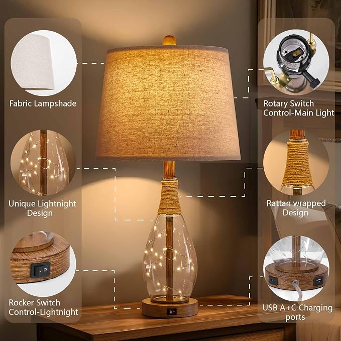 OYEARS 23" USB A+C Table Lamp for Bedroom Living Room Modern Bedside Lamps - Image 3