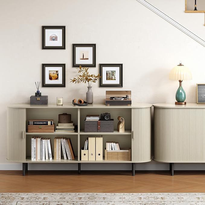 Buffet Cabinet with Storage, Fluted Sideboard Buffet with Sliding Door - Image 8